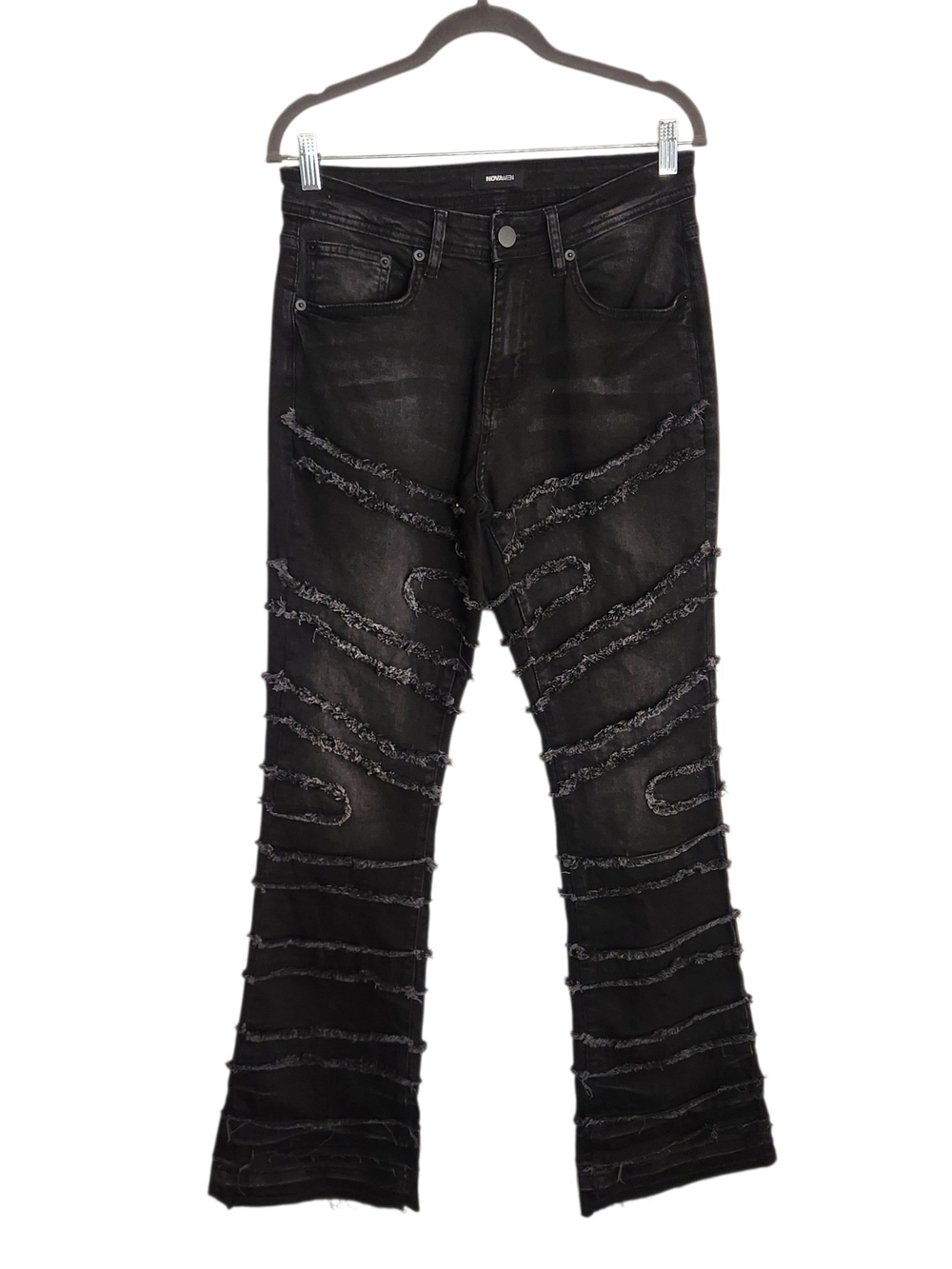 Nova Men Black Fray Stacked Skinny Flare Jeans Size 30 Raw Edge